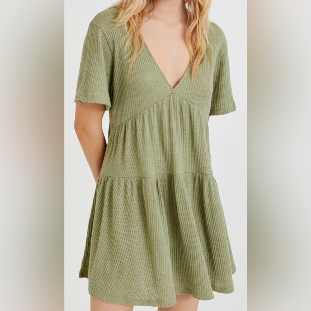 Pull&Bear Olive Green Ribbed V‑Neck Tie‑Back Dress